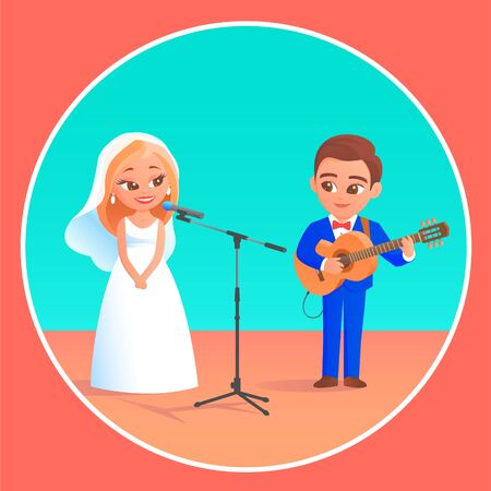 A newlywed couple give a music concert. Beautiful blonde bride in a wedding dress sings into a microphone. The groom in a tuxedo plays the guitar. Vector cartoon funny illustration.のイラスト素材