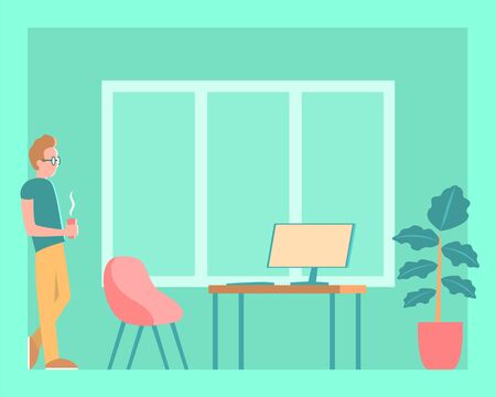 A young modern man stands with coffee in front of a desktop with a computer. Vector flat illustration.のイラスト素材
