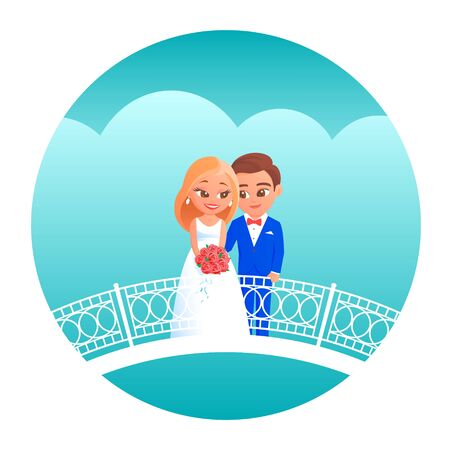 Young cartoon newlyweds on their wedding day. The bride in a white dress with a bouquet of red roses, the groom in a blue tuxedo. Stand on a white patterned bridge. Vector illustration.のイラスト素材