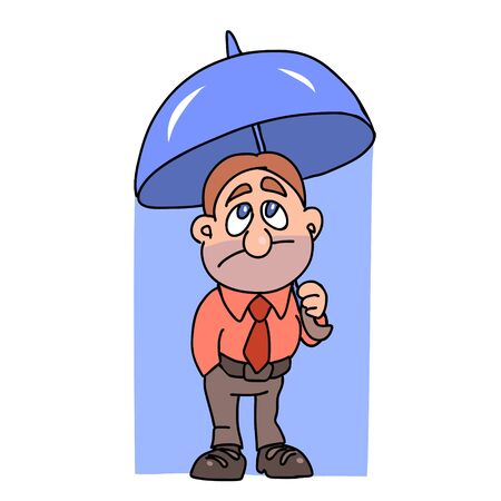 Sad and displeased man in a tie with an umbrella in the rain. Cartoon vector illustration of a caricature.のイラスト素材