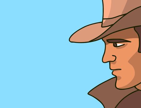 Face of a handsome cowboy man in a hat. Profile view. Blue background. Vector illustration in graphic novel style.のイラスト素材