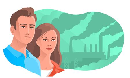 Modern man and woman on the background of smoking chimneys. Concerned about the problem of environmental pollution. Vector illustration.のイラスト素材