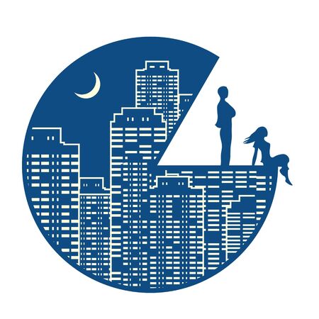 Silhouette of a pair of young lovers on an abstract bowl. A girl is sitting on the edge, a man is standing behind her. Background in the form of a night city with skyscrapers. Vector isolated illustration.のイラスト素材