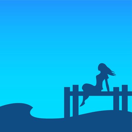 Silhouette of a young woman on the evening sea beach. A girl is sitting on the edge of a wooden pier. Below the waves sway. Vector illustration.のイラスト素材