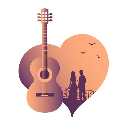 Acoustic guitar against the background of the silhouette of a couple in love with seagulls. Suitable for music and design. Vector isolated illustration.のイラスト素材