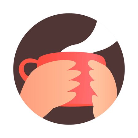 Hands holding a red cup with hot tea. Label or advertisement for a delicious drink. Vector round illustration.のイラスト素材
