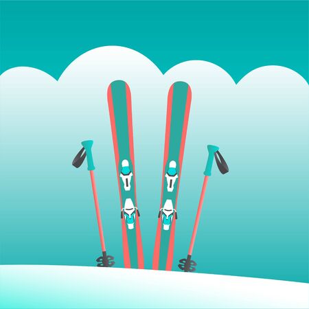 A pair of alpine skis and poles stand in a snowdrift at a resort. At the top of the mountain on a background of clouds. Vector illustration.のイラスト素材