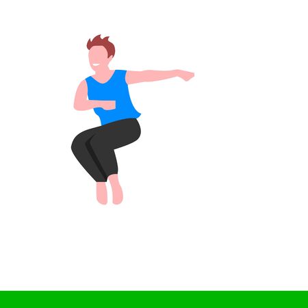 Young energetic man in a jump while dancing. Dressed in simple light clothes. Vector merry isolated illustration.のイラスト素材