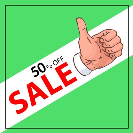 Fifty percent discount green sign and hand in order. Caption: sale fifty percent. Vector square illustration for shop and goods.のイラスト素材