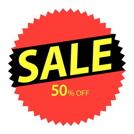 Round red label with yellow text about fifty percent sale.のイラスト素材