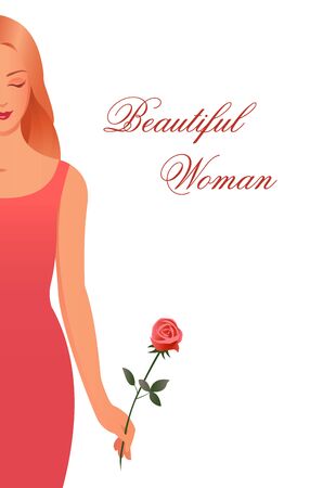 Beautiful blonde girl with a rose in a red dress. Place for text. Vector vertical illustration about love and female beauty.のイラスト素材