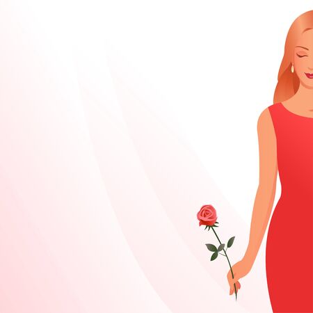 Beautiful blonde girl with a rose in a red dress. Place for text. Vector vertical illustration about love and female beauty.のイラスト素材