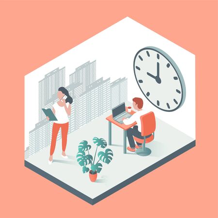 People in the office. Man and woman work at computers and discuss business issues. Against the background of the clock and the city. Vector illustration in isometric style.のイラスト素材