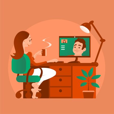 A beautiful girl with a cup of coffee is talking to a young man over a video connection. She is sitting at home in a cozy atmosphere at a computer desk. Vector cartoon illustration.のイラスト素材