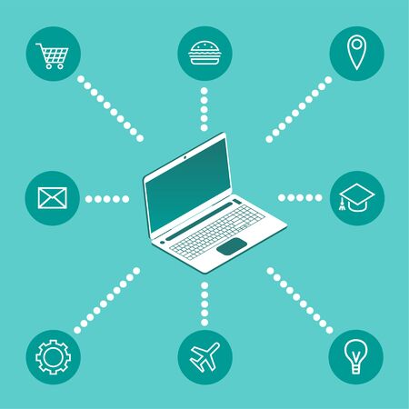 Laptop with remote work via the Internet. Sending emails, getting an education, shopping. Vector isometric illustration.のイラスト素材