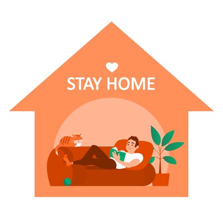 A young man on a sofa reads a book at home during quarantine. A cat is sleeping nearby. A cozy and safe place. Text calling to stay home. Vector illustration.のイラスト素材
