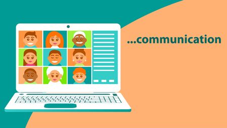 Remote video calling on a laptop. On a computer screen, a group of people in a joint conference. On the faces of men and women smiles. Vector flat illustration with place for text.

のイラスト素材