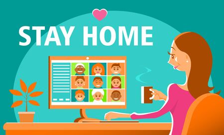 A cute girl stays at home during quarantine. She communicates with friends via video. On the table is a laptop, a cup of coffee in hand. Vector cartoon illustration.

のイラスト素材