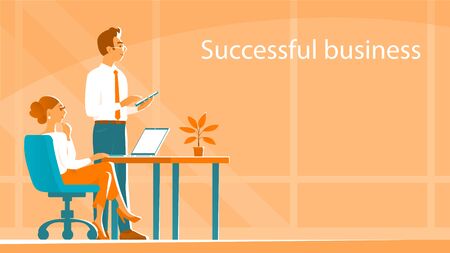 A business man and a girl are working in an office. He is standing with a tablet. She is sitting at a laptop. Think together ideas for success. Vector illustration with place for text.のイラスト素材