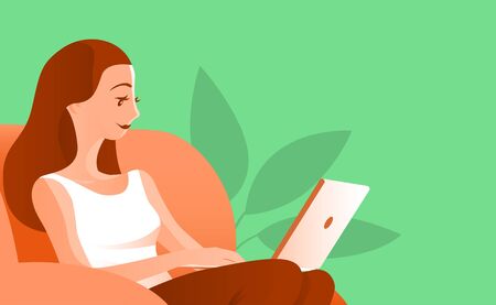 Cute beautiful girl sits with a laptop in a soft chair. A computer on her lap. Near houseplant. Vector closeup illustration with place for text.のイラスト素材