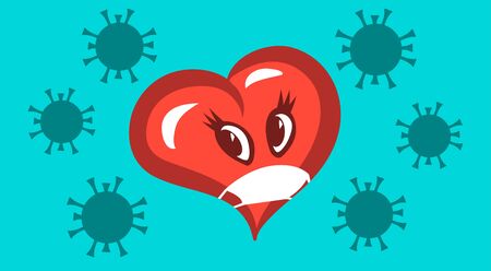 Symbolic masked heart and coronavirus. Danger of kisses and loving hugs during a pandemic. Vector cartoon illustration.

のイラスト素材