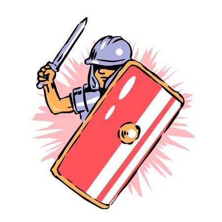 Roman legionary with a sword and shield. Dressed in a metal helmet and armor. Participates in the battle. Vector isolated cartoon illustration.のイラスト素材