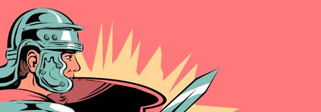 Roman legionary with a sword and shield. Dressed in a metal helmet and armor. Participates in the battle. Vector illustration banner.のイラスト素材