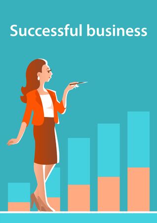 Beautiful business woman stands on the background of a graph of financial growth. Vector illustration. Vertical poster with place for text.のイラスト素材