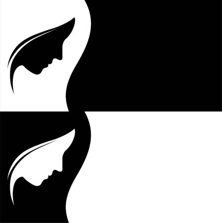 Girl face silhouette. Female beauty. Black and white banner with place for text. Two options. Vector illustration.

のイラスト素材