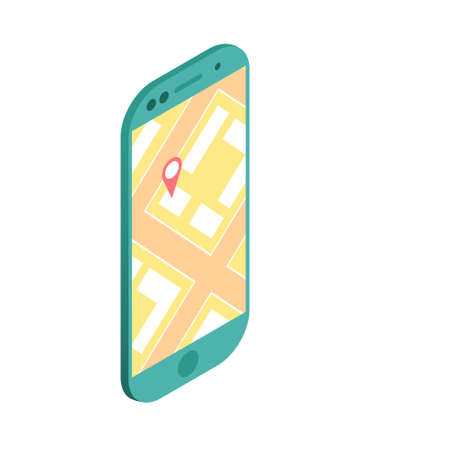 Smartphone with navigation search and map on display. Vector isolated illustration in isometric style.のイラスト素材