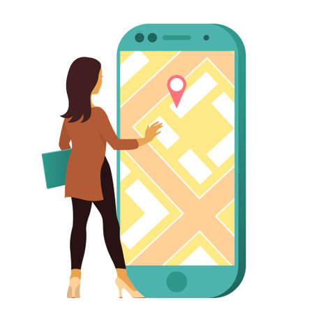 A young woman uses a location search on a large smartphone.のイラスト素材
