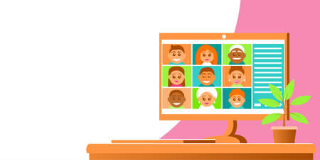 Computer with video conferencing. On the screen are smiling faces of different people. Vector illustration banner with place for text.のイラスト素材