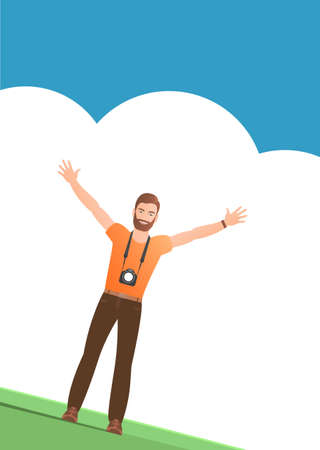 Man tourist with a camera on a background of clouds. Stands happy with hands up. Vector illustration poster.のイラスト素材