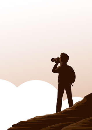 Man tourist with a camera in the mountains above the clouds. Traveling in beautiful nature. Vector illustration poster with place for text.のイラスト素材