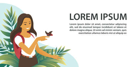 The tourist girl saw an exotic butterfly among tropical thickets. Banner with place for text. Vector isolated illustration about nature and travel.のイラスト素材