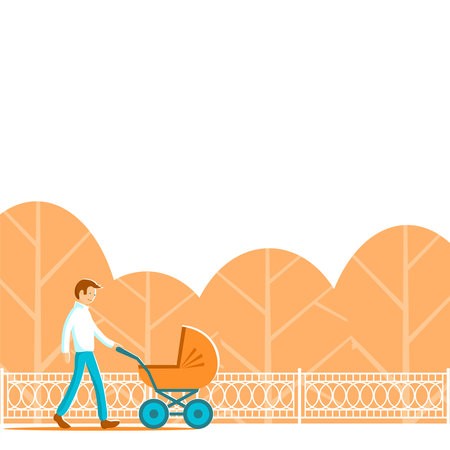 A young father walks with a pram in the park. Autumn yellow trees in the background. Vector flat...