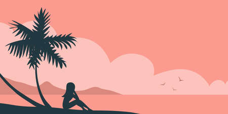Silhouette of a girl and palm trees at a beach resort. Sits in the sand and looks at the sunny sunset. Banner on the theme of summer holidays and tourism. Vector illustration.のイラスト素材