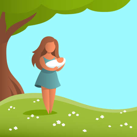 Young mother with a baby in her arms. A woman is standing under a tree on the green grass. Place for your text. Vector cartoon illustration about love in the family.のイラスト素材