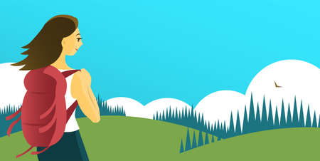 Young pretty woman with a tourist backpack travels in nature. Looks at a beautiful summer landscape with hills and forests. Banner with place for text. Vector cartoon illustration.のイラスト素材