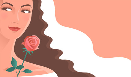 Beautiful bride with a rose. Wedding veil on the head, long curly hair. Banner with place for text.のイラスト素材