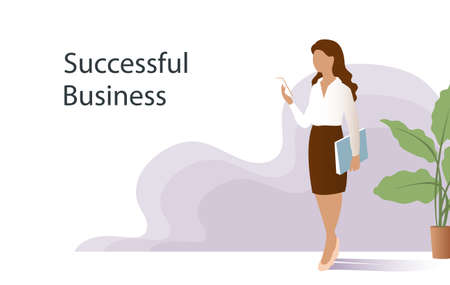 Beautiful young woman is working in a business office. Comes with documents and a smartphone. Banner with place for text. Vector illustration.のイラスト素材