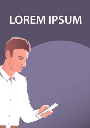 Young man looks with his smartphone. A successful business or a great offer. Poster with place for text.のイラスト素材