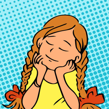 Little girl in dreams. Sits at the table with closed eyes and a happy smile. Vector illustration of a child character in a pop art style.のイラスト素材