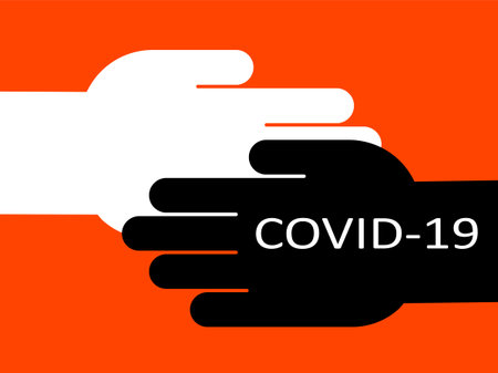 Corona infection through the hands. Dangerous contact with a patient with COVID-19. Vector flat illustration.のイラスト素材
