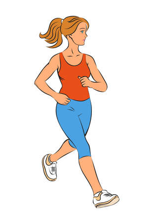 A beautiful slender girl is running. Sports training. Vector colorful illustration in pop art style. Isolated on white background.のイラスト素材
