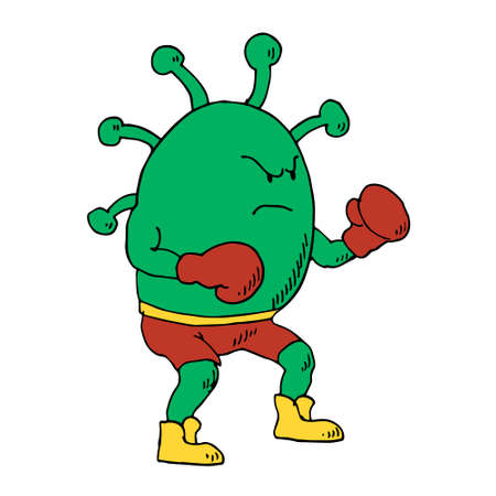 Covid-19 virus with boxing gloves. Cartoon villain caricature. Green color coronavirus character. Vector isolated illustration.のイラスト素材