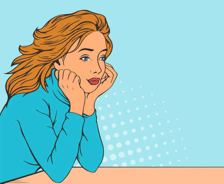 Beautiful girl is dreaming at the table. Free space for text. Vector illustration in pop art style. White background.のイラスト素材