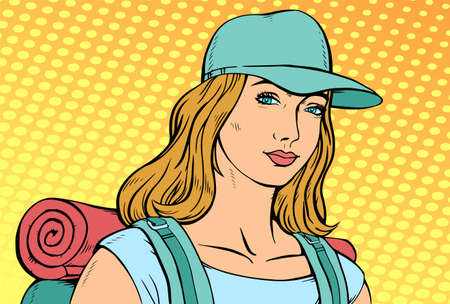 Portrait of a beautiful girl with a tourist with a backpack. There is a cap on the head. Hiking and adventure seeker. Vector colorful illustration in pop art style.のイラスト素材