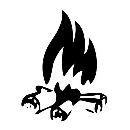 Night bonfire with firewood on a white background. Flame of fire. Vector isolated black and white illustration.のイラスト素材