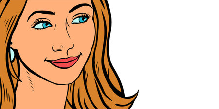 Portrait of a beautiful girl. A smile on my face. Banner with place for text. Vector isolated illustration in pop art style.のイラスト素材